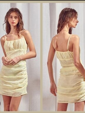 STORIA Yellow Ditzy Floral Ruched Spaghetti Strap Dress